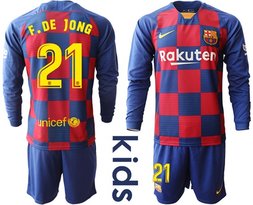 Barcelona #21 F.De Jong Home Long Sleeves Kid Soccer Club Jersey